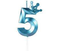 Yiran Candele di compleanno, 8cm 3Dcon corona candela di compleanno, Candele in blu, Candele di compleanno per torta, Candele per torte, decorazioni per feste (Numero 5)
