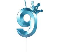 Yiran Candele di compleanno, 8cm 3Dcon corona candela di compleanno, Candele in blu, Candele di compleanno per torta, Candele per torte, decorazioni per feste (Numero 9)