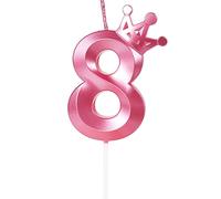 Yiran Candele di compleanno, 8cm 3Dcon corona candela di compleanno, Candele in Rosa, Candele di compleanno per torta, Candele per torte, decorazioni per feste (Numero 8)
