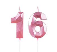 Yiran Candele di compleanno, Candele con numeri da 5cm, Candela numero 16, Candele in rosa, 3D forma di diamante, Candele di compleanno per torta, Candele per torte, decorazioni per feste (Numero 16)
