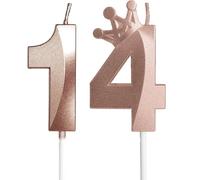 Yiran Candele per 14 Compleanno Oro Rosa - Numero 14 3D con Corona Decorativa, Candeline per Torta di Compleanno Festa Compleanno Nozze Anniversario Celebrazione Forniture, 14 Anni