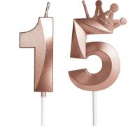Yiran Candele per 15 Compleanno Oro Rosa - Numero 15 3D con Corona Decorativa, Candeline per Torta di Compleanno Festa Compleanno Nozze Anniversario Celebrazione Forniture, 15 Anni