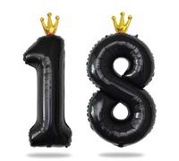 Yiran Palloncino in lamina nera da 101,6 cm, numero 18 con corona dorata, palloncini a numero grande, elio 18 numeri, decorazioni nere per il 18° compleanno per ragazze ragazzi bambini/decorazioni per