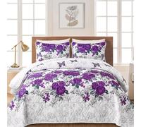 Yiran Set copripiumino floreale viola queen size rosa floreale con 2 federe copriletto leggero in morbida microfibra a farfalla, 228,6 x 243,8 cm