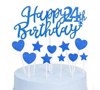 Yiran Topper per torta per il 24° compleanno, blu reale, per ragazzi e ragazze, kit di topper per cupcake con glitter su entrambi i lati, per feste di compleanno e decorazioni per torte