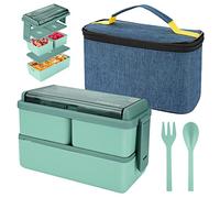 Yirochan Box da pranzo da 1400 ml con 3 scomparti - scatola bent a 2 strati con borsa isolata e posate, scatola per contenitori per la preparazione dei pasti per adulti per bambini studenti (Verde)