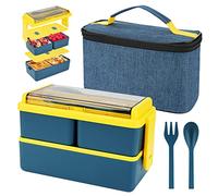 Yirochan Box da pranzo da 1400 ml con 3 scomparti - scatola bent a 2 strati con borsa isolata e posate, scatola per contenitori per la preparazione dei pasti per adulti per bambini studenti (Blu)