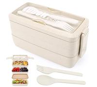 Yirochan Porta Pranzo a 3 Strati, Bent Box 4-in-1 con Forchetta e Cucchiaio, Scatola per Alimenti da 1000 ml per Uomini Donne Studenti Lavabile in Microonde in Lavastoviglie Disponibile (Beige)