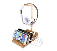Yisen - Appendino universale in legno per cuffie (rimovibile) con supporto per cavo, multi dispositivo, smartphone a 3 porte USB, con interruttore di alimentazione e cavo di alimentazione da 1,5 m