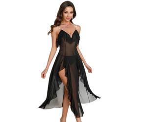 YISENJEE Babydoll Abito Lungo da Donna in Rete Trasparente con Spalle Scoperte Scollo A V Volant E Spacco Alto Nero L