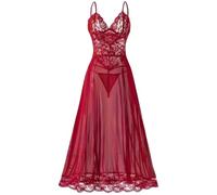YISENJEE Babydoll Donna Camicia da Notte/Abito Lungo Trasparente da Donna Sexy in Pizzo E Rete con Spacco Alto E Spalline Sottili Borgogna XL