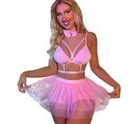 YISENJEE Reggiseno Trasparente Completo Intimo Sexy da Coniglietta in Rete Due Pezzi per Giochi di Ruolo Rosa XL