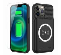 YISHDA Custodia con batteria da 10000 mAh per iPhone 15 Pro Max, nera, con pellicola protettiva in vetro temperato, compatibile con ricarica wireless, cover caricabatterie portatile