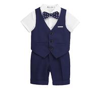 Yishengwan 3/4 Pezzi Completo Cerimonia Bambino, Ragazzi Eleganti Abiti da Cerimonia Estivo con Gilet, Pantaloni Corti, Camicia, Papillon Marina(4 PCS) 170