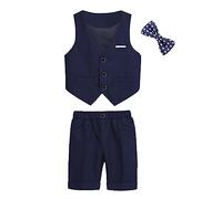 Yishengwan 3/4 Pezzi Completo Cerimonia Bambino, Ragazzi Eleganti Abiti da Cerimonia Estivo con Gilet, Pantaloni Corti, Camicia, Papillon Marina(3 PCS) 110