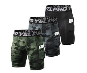 Yishengwan 3 Pezzi Pantaloncini Compressione Uomo Corsa Shorts avec Poche, Asciugatura Rapida e Traspiranti Pantaloncini Palestra per Running Basket Ciclismo Nero Mimetico+Verde Mimetico+Nero L