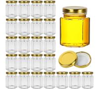 Yishik Barattoli esagonali in vetro da 85 g con coperchi dorati, confezione da 24 barattoli piccoli in vetro per marmellata, miele, spezie, frutta, noci, alimenti per bambini, caramelle, bomboniere o