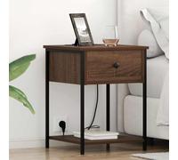 Yisssmeng Comodino con base di ricarica, 42 x 41 x 56 cm, rovere marrone, materiale in legno e acciaio, moderno comodino con cassetto e ripiano per camera da letto, design rustico
