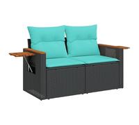 Yisssmeng Divano da giardino a 2 posti, nero, con cuscino e tavolo | Panca in polyrattan resistente alle intemperie per terrazza e balcone, con pratico tavolo pieghevole sul bracciolo e cuscini