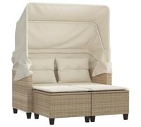 Yisssmeng Divano da giardino con tetto e 2 sgabelli, in polyrattan, beige | Salotto compatto con tettuccio parasole pieghevole, comodi cuscini e poggiapiedi per giardino, terrazza e balcone.