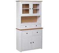 Yisssmeng Highboard Rustic Credenza 93 x 40,5 x 180 cm Solid Pine Wood Pantry Cupboard with 4 Drawers 2 Glass Doors White for Living Room Kitchen Hallway