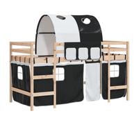 Yisssmeng Letto a soppalco per bambini, 90 x 190 cm, in pino massiccio bianco e nero, con set di tende con tunnel, letto singolo per ragazzi a partire dai 6 anni in su