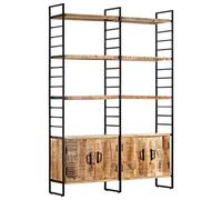 Yisssmeng Libreria a 4 ripiani, 124 x 30 x 180 cm, design industriale, in legno di mango e ferro, scaffale portaoggetti con 4 ante e 6 scomparti, per soggiorno e ufficio