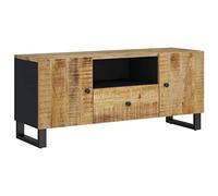 Yisssmeng Mobile TV basso 105 x 33,5 x 46 cm in legno massello di mango con gambe in ferro, moderno mobile TV con cassetto e ante, robusto tavolo TV per soggiorno e camera da letto