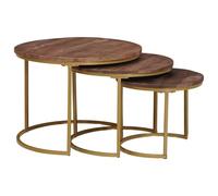 Yisssmeng Nesting Set di 3 tavolini da caffè in legno massiccio di mango e acciaio, tavolini rotondi dal design industriale, tavolini salvaspazio per il soggiorno, marrone scuro, Ø 60/50/40 cm