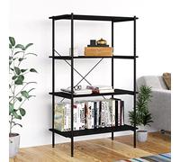Yisssmeng Scaffale nero 80 x 40 x 130 cm, in acciaio e legno, 4 ripiani, design moderno e ad alta capacità di carico, libreria per soggiorno, ufficio, camera da letto, garage