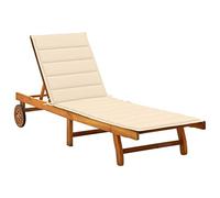 Yisssmeng Sdraio da giardino in legno massiccio di acacia, con cuscino, regolabile, con 2 ruote e ripiano, per giardino, terrazza, balcone, piscina, cuscino bianco crema, 200 cm