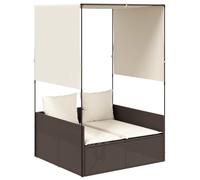 Yisssmeng Sdraio doppio con tetto e tende, lettino da giardino in polyrattan, mobili da esterno per balcone e terrazza, cuscini inclusi, marrone, 118 x 110 x 187 cm