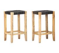 Yisssmeng Set di 2 sgabelli da bar neri in vera pelle e legno di mango massiccio, eleganti sgabelli da bancone, altezza della seduta 75 cm, per cucina, bar e bistrot, sedie rustiche con venature del