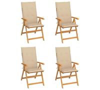 Yisssmeng Set di 4 sedie da giardino pieghevoli con cuscini beige in legno di teak massiccio, 57 x 71,5 x 100 cm, schienale regolabile in 7 posizioni, leggere e salvaspazio, per balconi, terrazze