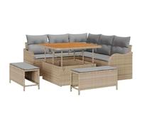 Yisssmeng Set di 8 divani da giardino in polyrattan con vano portaoggetti | Mobili da giardino modulari in rattan con legno di acacia, piedini regolabili e tasche portaoggetti, per terrazza e giardino.
