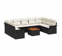 Yisssmeng Set di divani da giardino, 10 pezzi, in polyrattan, colore nero e | Set modulare con accenti in legno di acacia e spazio integrato per balcone, terrazza e giardino.