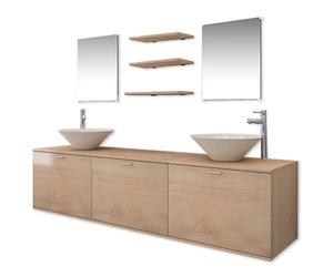 Yisssmeng Set di mobili da bagno da 10 pezzi con doppio lavabo, mobiletto sottolavabo sospeso 180 cm, 2 specchi, 3 ripiani, 2 lavabi in ceramica e 2 miscelatori per il bagno moderno