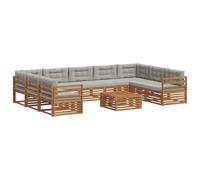 Yisssmeng Set di mobili da giardino da 10 pezzi, in legno massiccio di acacia, divano modulare con cuscini grigi, grande gruppo di sedute per giardino, terrazza, cortile, naturale e grigio chiaro