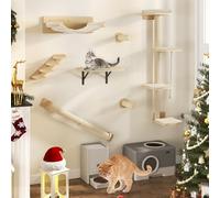 YITAHOME 7 Pezzi Mensola per Gatti a Parete, Albero per Gatti a Parete in Legno con 3 Tiragraffi/Scale per Gatti a 4 Gradini/Amaca/Luccia per Gatti, Albero per Gatti a Parete con 4 Piattaforme