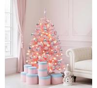 YITAHOME - Albero di Natale artificiale illuminato, ricoperto di neve rosa, albero di Natale in PVC con 400 punte imbiancate e 200 luci bianche calde per la decorazione della casa, 140 cm