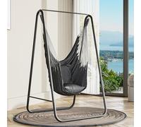 YITAHOME Amaca con Supporto 85x92x153cm, Struttura Robusta in Acciaio, Supporto per Amaca con Altalena Sospesa, Carico Massimo 150kg, Sedia Sospesa con 2 Ganci e 2 Cuscini Schienale per Giardino, Nero