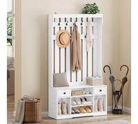 YITAHOME Appendiabiti, Appendiabiti da Terra con Scarpiera, Mobile Ingresso con 9 Ganci e Panca Contenitore, Mobili da Ingresso per Corridoio, 2 Cassetto in tessuto, 100x35x180 cm, Bianco
