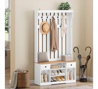 YITAHOME Appendiabiti, Appendiabiti da Terra con Scarpiera, Mobile Ingresso con 9 Ganci e Panca Contenitore, Mobili da Ingresso per Corridoio, 2 Cassetto in tessuto, 100x35x180 cm, Legno Bianco