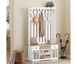 YITAHOME Appendiabiti, Appendiabiti da Terra con Scarpiera, Mobile Ingresso con 9 Ganci e Panca Contenitore, Mobili da Ingresso per Corridoio, 2 Cassetto in tessuto, 100x35x180 cm, Legno Bianco
