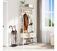 YITAHOME Appendiabiti, Attaccapanni da Ingresso 6 in 1 con 2 Cassetti, Porta Abiti da Terra con Vano Portascarpe, Asta Appendiabiti in legno e Metallo, per Soggiorno Ingresso, Bianco e rovere