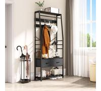 YITAHOME Appendiabiti, Attaccapanni da Ingresso 6 in 1 con 2 Cassetti, Porta Abiti da Terra con Vano Portascarpe, Asta Appendiabiti in legno e Metallo, per Soggiorno Ingresso, Nero