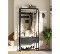 YITAHOME Appendiabiti con scarpiera, albero da pavimento con panca e 2 cassetti pieghevoli, appendiabiti industriale con 8 ganci per corridoio, soggiorno, camera da letto, struttura in metallo, nero