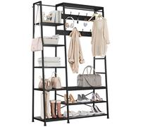 YITAHOME Appendiabiti da ingresso, grande albero con panca, appendiabiti industriale con scarpiera, appendiabiti da pavimento con 9 ganci e 5 ripiani, per corridoio, soggiorno, nero