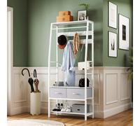 YITAHOME Appendiabiti industriale bianco - Albero da ingresso con panca, 8 ganci e 2 cassetti pieghevoli per ingresso soggiorno