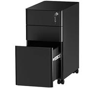 YITAHOME Cassettiera Ufficio, 3 Cassetti Metallo Cassettiera Scrivania, Serratura Schedario da Ufficio Mobili Ufficio con Chiave e Ruote per Formato A4 / Lettera, Nero, 46 x 30 x 59cm